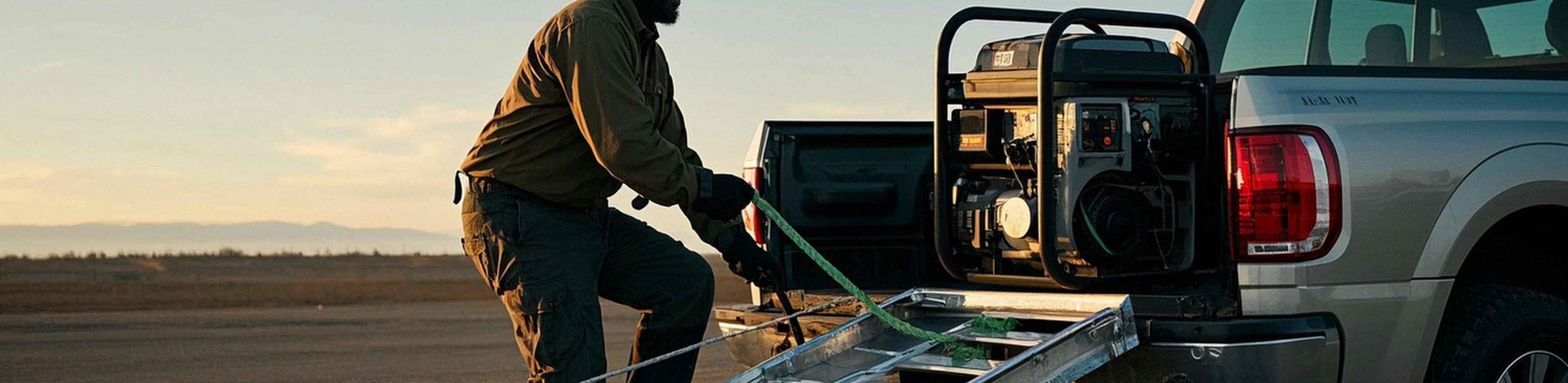 Preparing Diesel Generator for Safe Loading into Pickup Truck Bed Worker preparing to load a diesel generator onto a pickup truck bed using a ramp and ropes