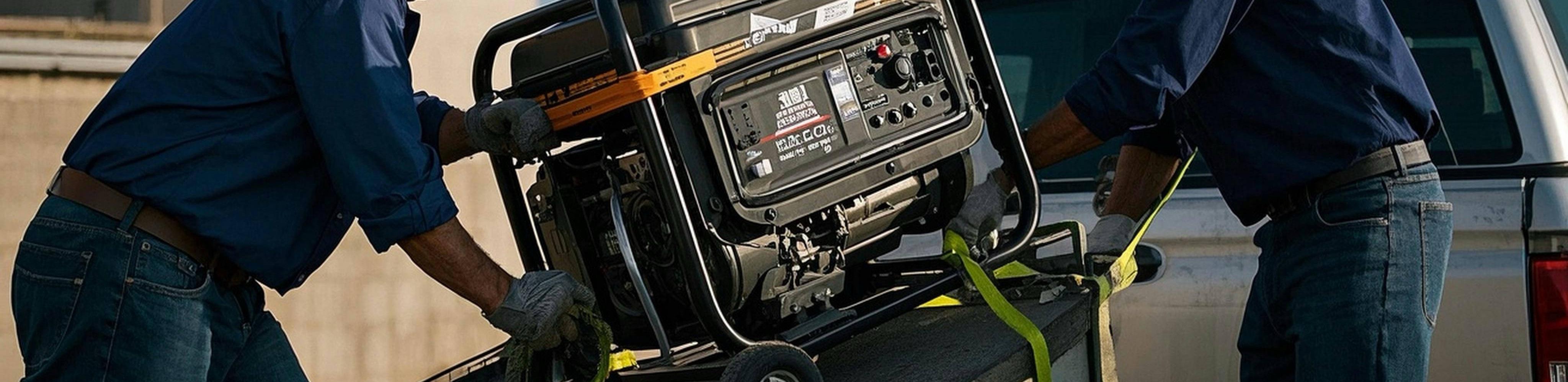 Securing a Diesel Generator in a Pickup Truck Bed During Loading Two workers loading a diesel generator into a pickup truck bed and securing it with tie-down straps