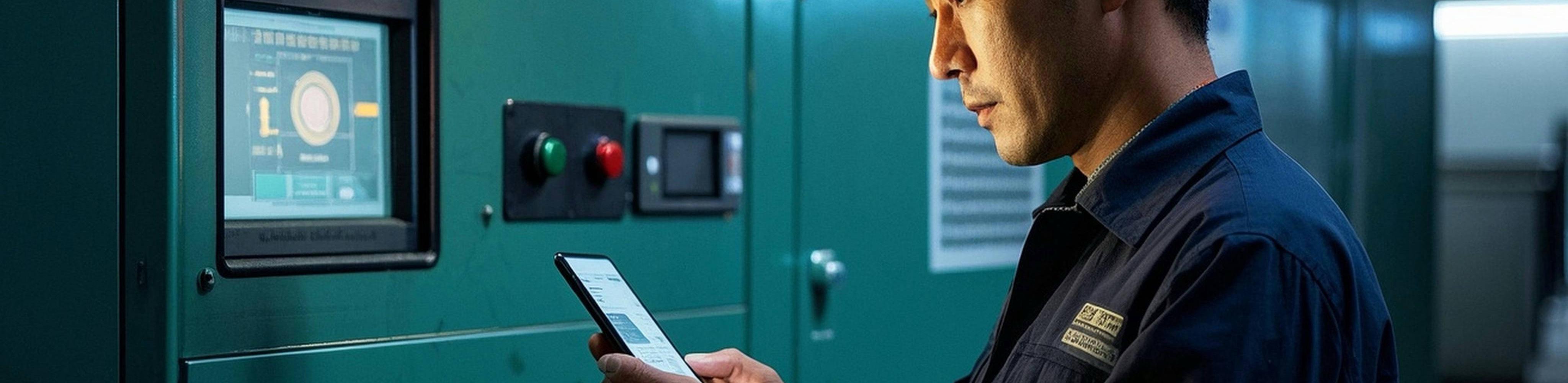 Remote Diesel Generator Check on Mobile Device Technician remotely checks diesel generator using smartphone