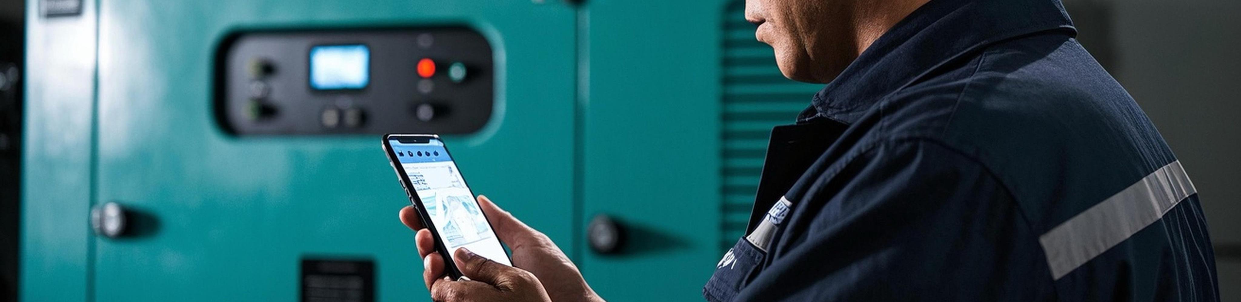 Mobile App for Diesel Generator Monitoring Technician monitoring diesel generator via mobile app