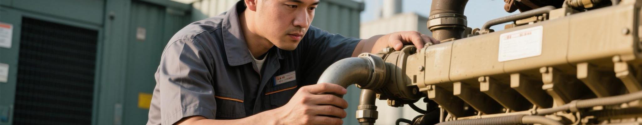 On-site inspection of diesel generator fuel and cooling system Technician inspecting diesel generator fuel and cooling systems