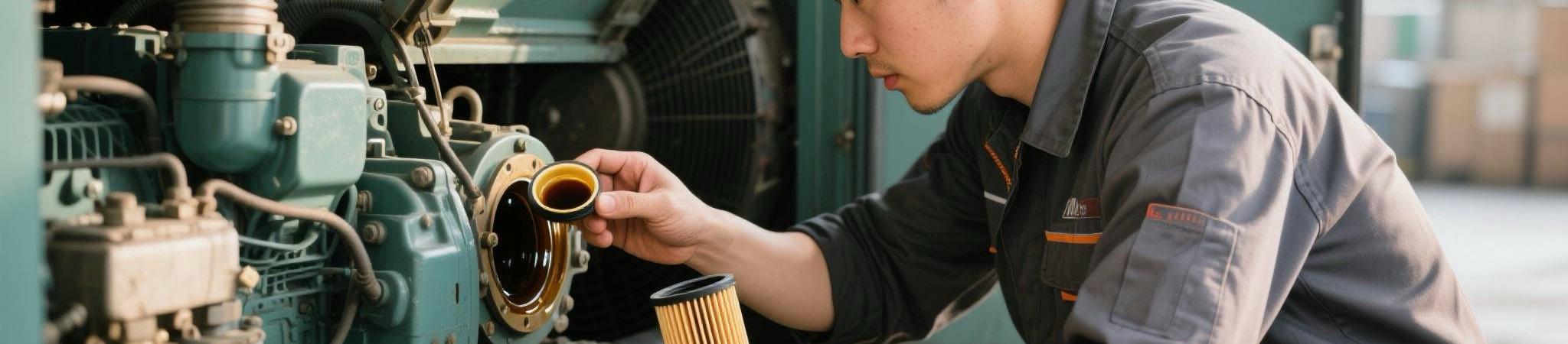 Technician performing maintenance on a portable diesel generator