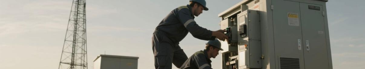 Modular Generator Maintenance at Telecom Site Technician maintaining modular diesel generator by communication tower