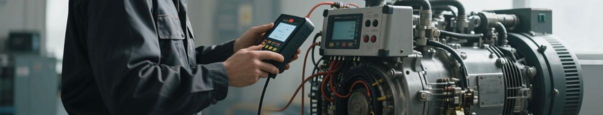 Technician performing load bank test on diesel generator