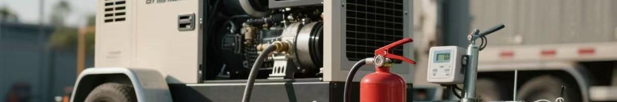Trailer-mounted diesel generator with fire extinguisher, grounding cable, and fuel gauge