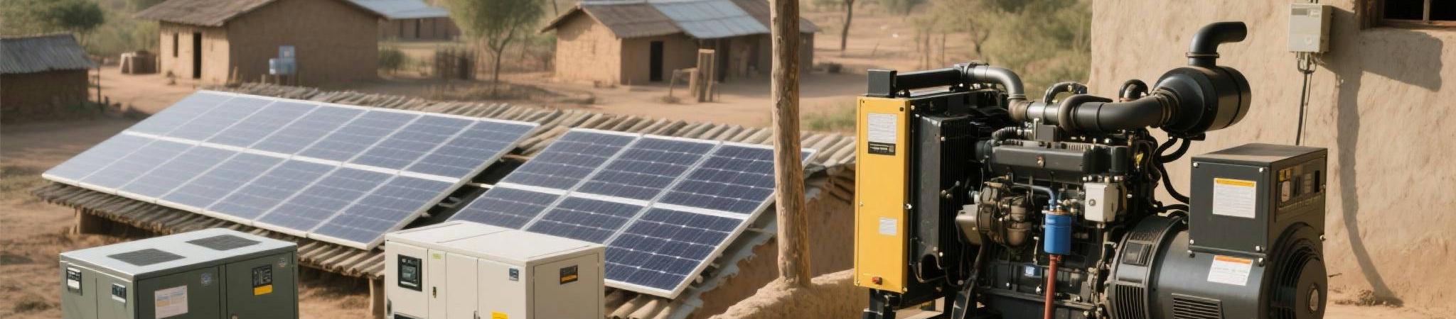 Off-grid power system with diesel generator and solar panels in a remote village 