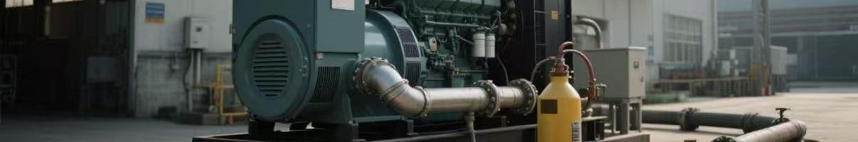 Diesel generator backup startup at factory or data center with fuel line visible