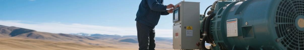 Technician inspecting diesel generator settings in a mountainous site