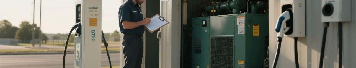 Diesel generator backup room next to an EV charging station under technician inspection