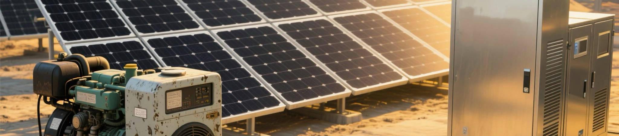 Hybrid power system with diesel generator and solar panels in a construction site
