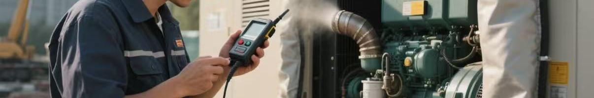 Technician inspecting diesel generator exhaust and noise output