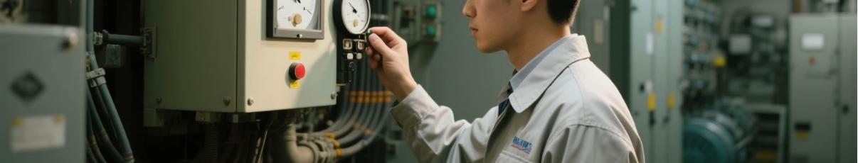 Technician checking power rating meter on diesel generator