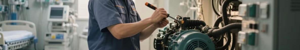 Technician performing maintenance on diesel generator in data center