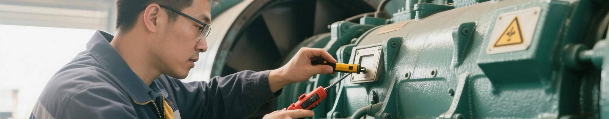 Technician inspecting a diesel generator on-site for compliance and safety