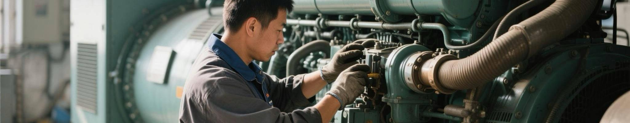 Technician inspecting a large diesel generator as part of a service agreement