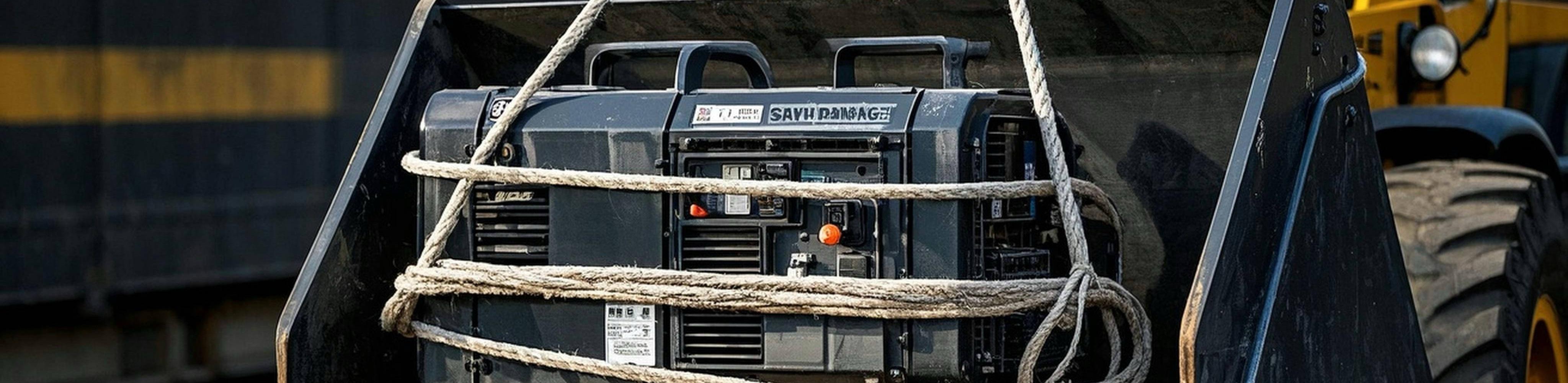 Close-up of a front end loader’s pallet fork securing a diesel generator