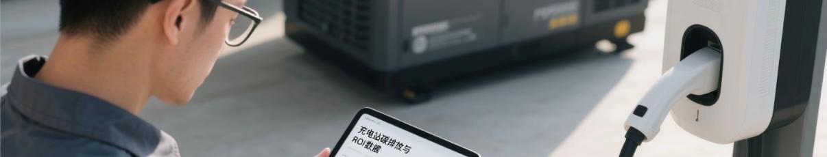 Technician reviewing carbon footprint and ROI data on tablet at EV charging station with diesel generator