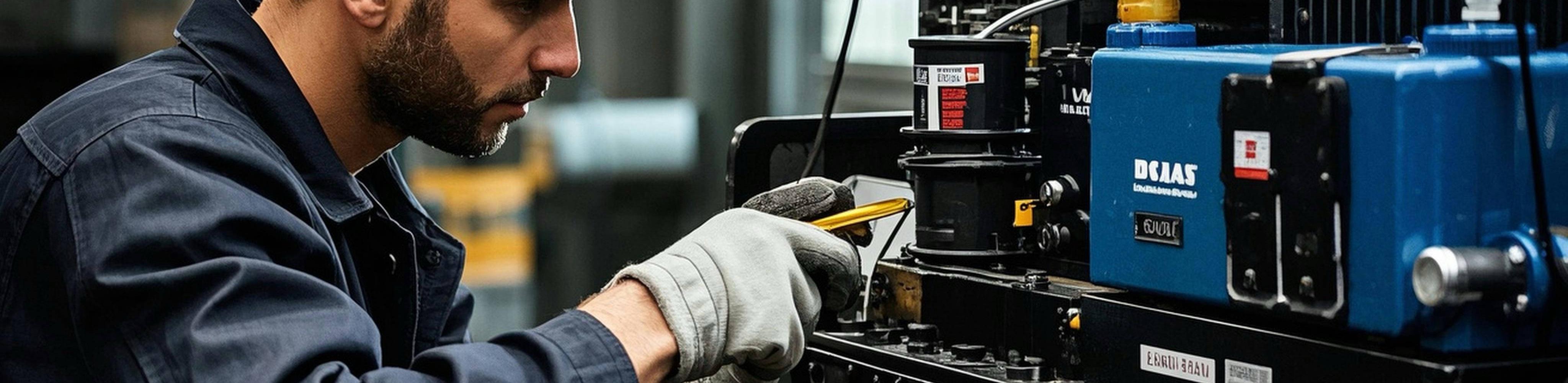 Technician checking portable diesel generator oil status