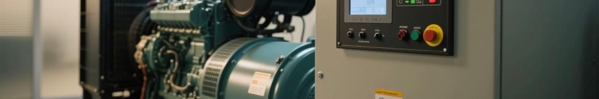 Diesel generator running at a commercial facility with UPS switch panel visible