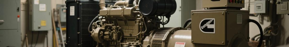 Cummins or Caterpillar diesel generator running in an industrial power room