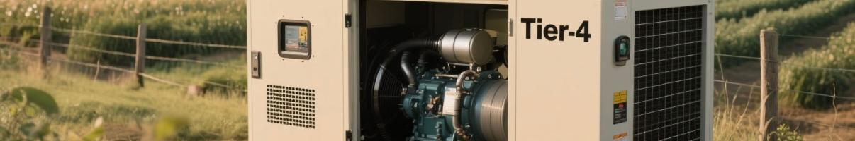 Tier 4 compliant enclosed diesel generator operating at farm field edge
