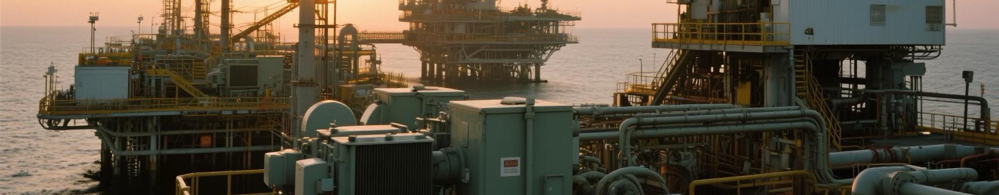 Offshore drilling platform with visible diesel generator systems at sunset