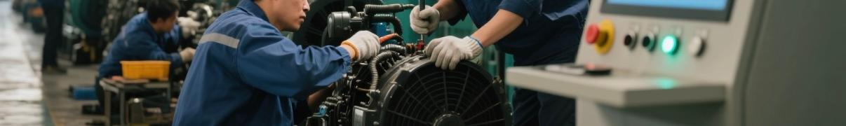 Technicians assembling diesel generators in factory post-crisis