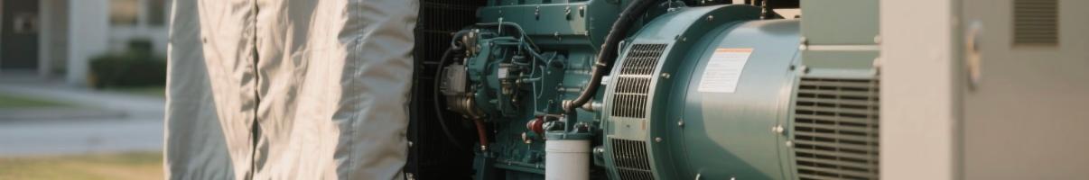Close-up of soundproof diesel generator with muffler and enclosure