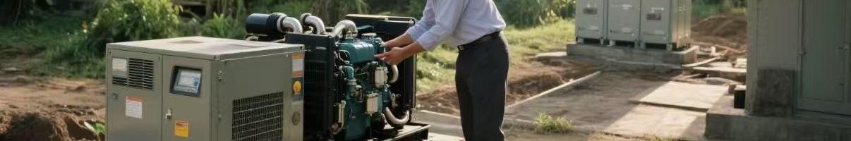 Engineer inspecting diesel generator and energy storage setup at overseas infrastructure site