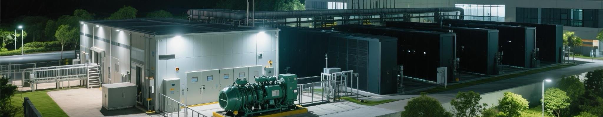 Low-emission diesel generator powering a modern facility at night