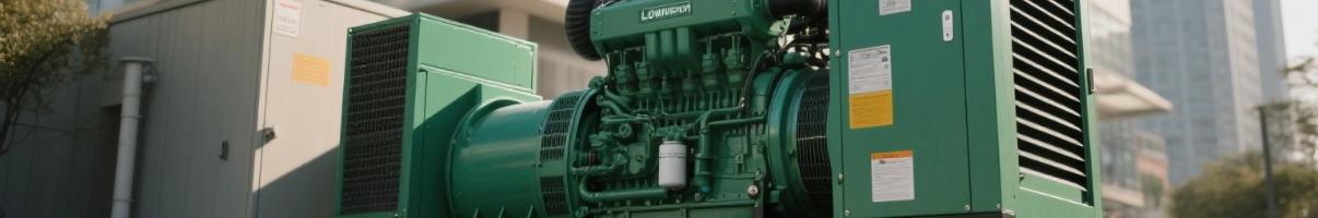 Máy phát điện diesel xanh ồn ào hoạt động bên cạnh tòa nhà thương mại ở Đông Nam Á