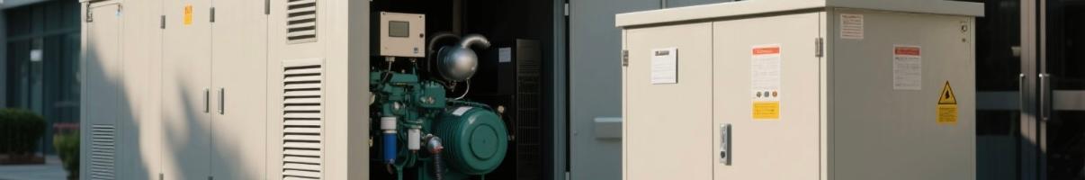 Enclosed diesel generator with fire extinguisher and grounding at commercial building exterior