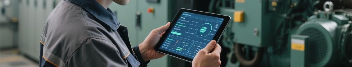 Technician monitoring diesel generator performance via tablet in real time