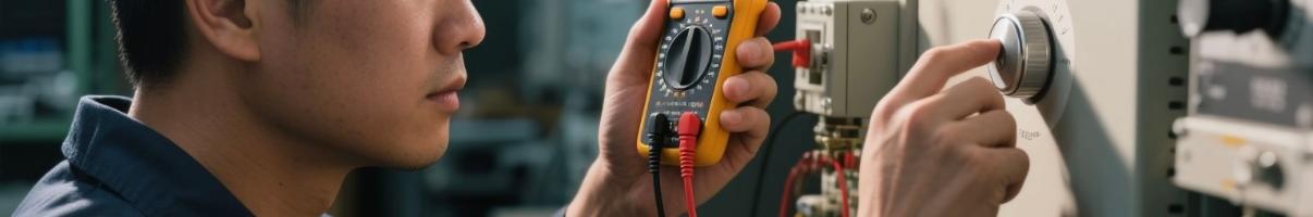 Technician adjusting AVR and measuring diesel generator voltage