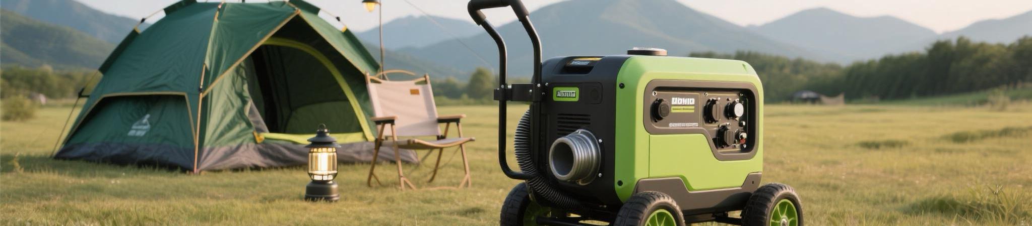 Portable diesel generator with wheels and muffler at a campsite