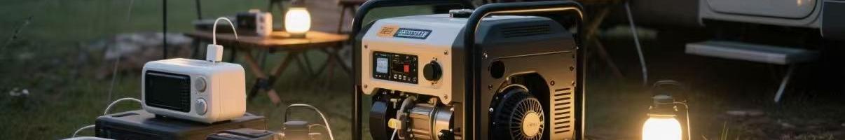 Portable diesel generator powering lights and devices next to an RV during camping