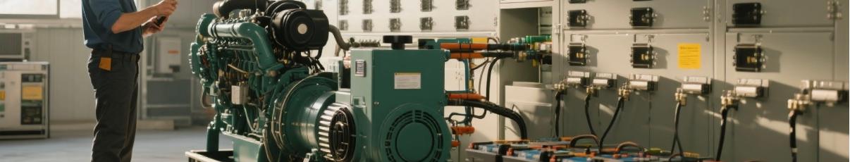 Hybrid Diesel Generator and Battery Integration Technician installing hybrid system with diesel generator and battery storage