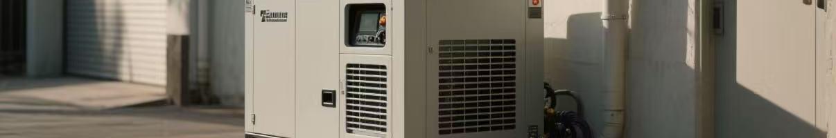 Compact, soundproof diesel generator installed behind a building