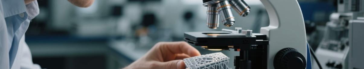 Technician analyzing thermal resistance of 3D printed generator part under microscope