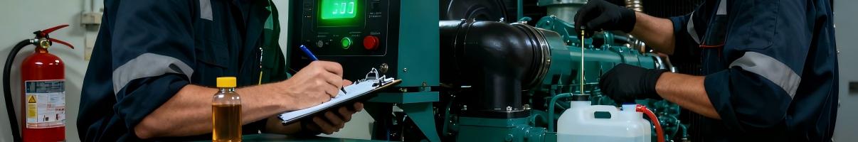 Technician maintaining diesel generator fuel and cooling systems